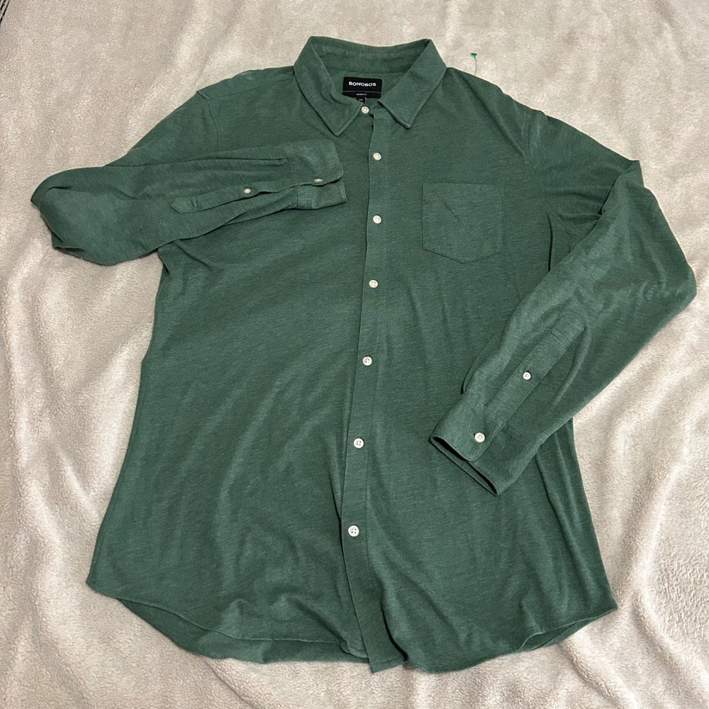 Bonobos Button Down Shirt Mens L Long Green Tailored Fit Knit Long Sleeve casual